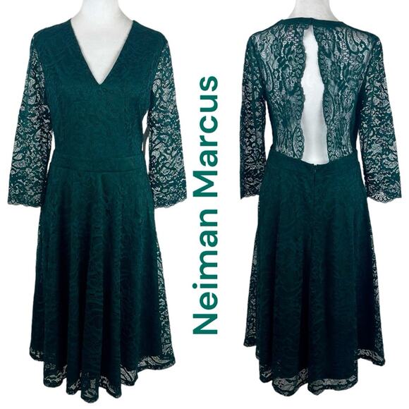 Neiman Marcus Sheer Green Lace Party Event Midi Dress NWT Size L - Picture 2 of 13